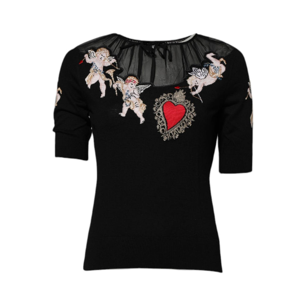 Dolce & Gabbana Black Sacred Heart Embroidered Crewneck Top TSH86833-36