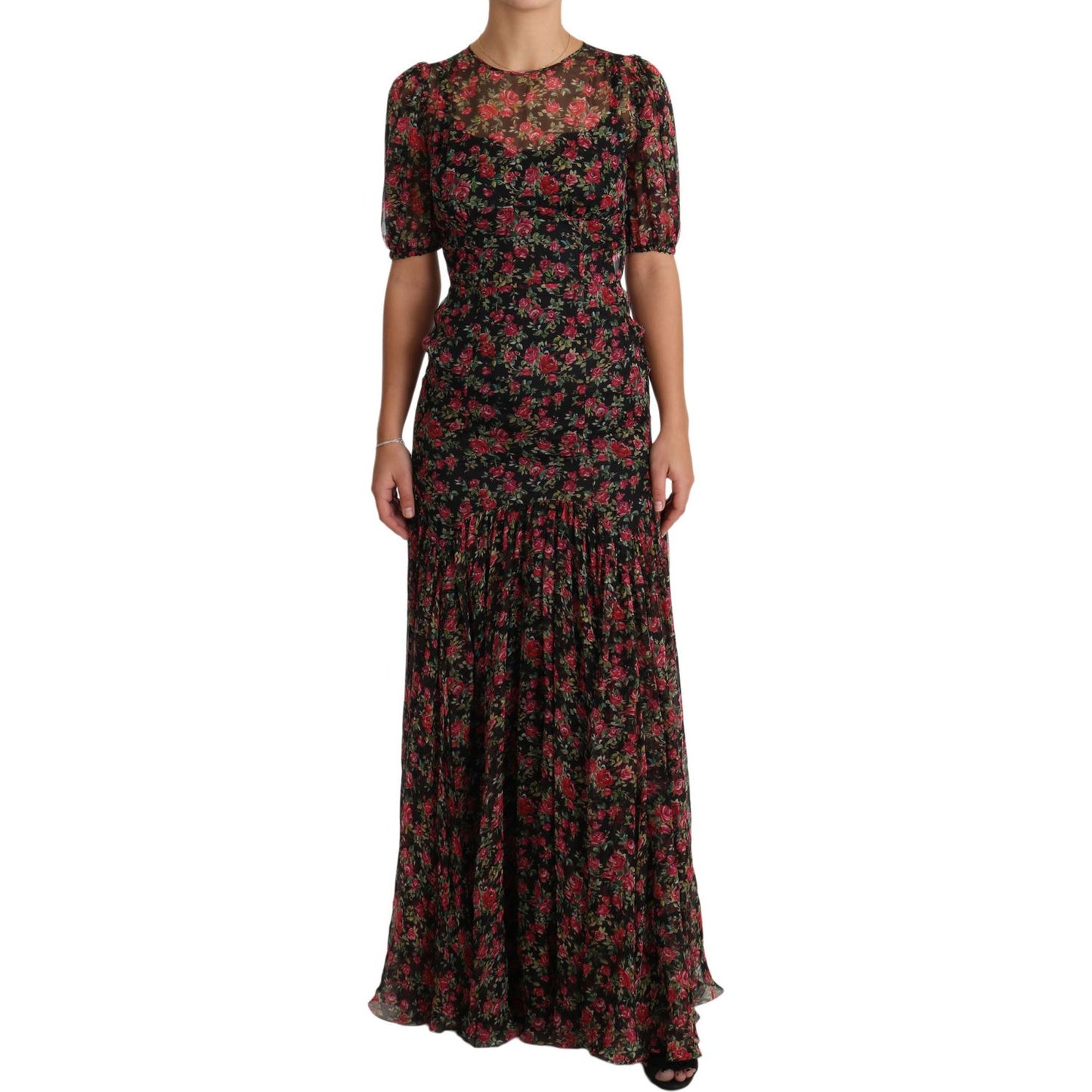 Dolce & Gabbana Elegant Black Silk Floral A-Line Gown Dolce & Gabbana Black