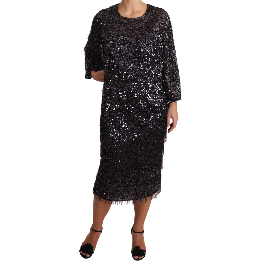 Dolce & Gabbana Black Sequined Long Sleeve Shift Midi Dress DR1929-42