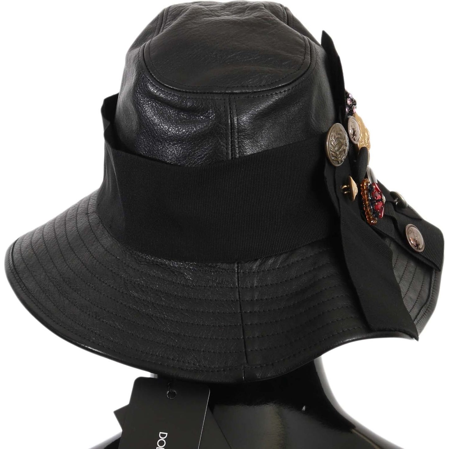 Dolce & Gabbana Elegant Black Leather Cloche Cap Hat Dolce & Gabbana Dark Slate Gray