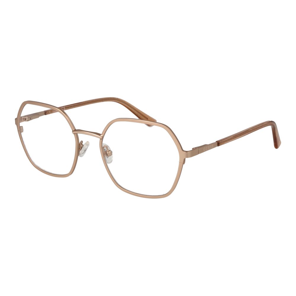 Alt Tag: Guess Gold Women Glasses Frame with full-rim square design, metal material, demo lenses, and spring hinge, size 53-19-140.
