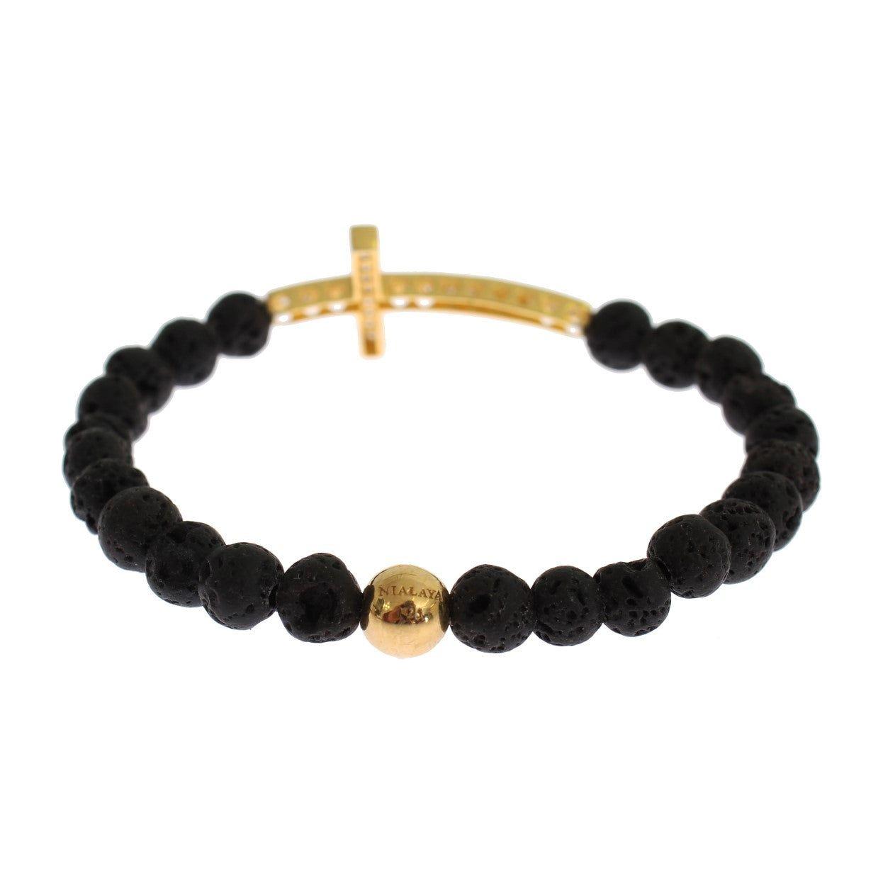 Nialaya Elegant Gold & Black Lava Stone Bracelet Bracelet Nialaya Tan