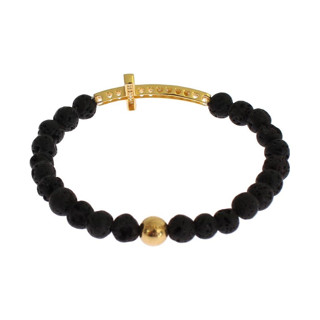 Nialaya Elegant Gold & Black Lava Stone Bracelet Bracelet Nialaya Tan