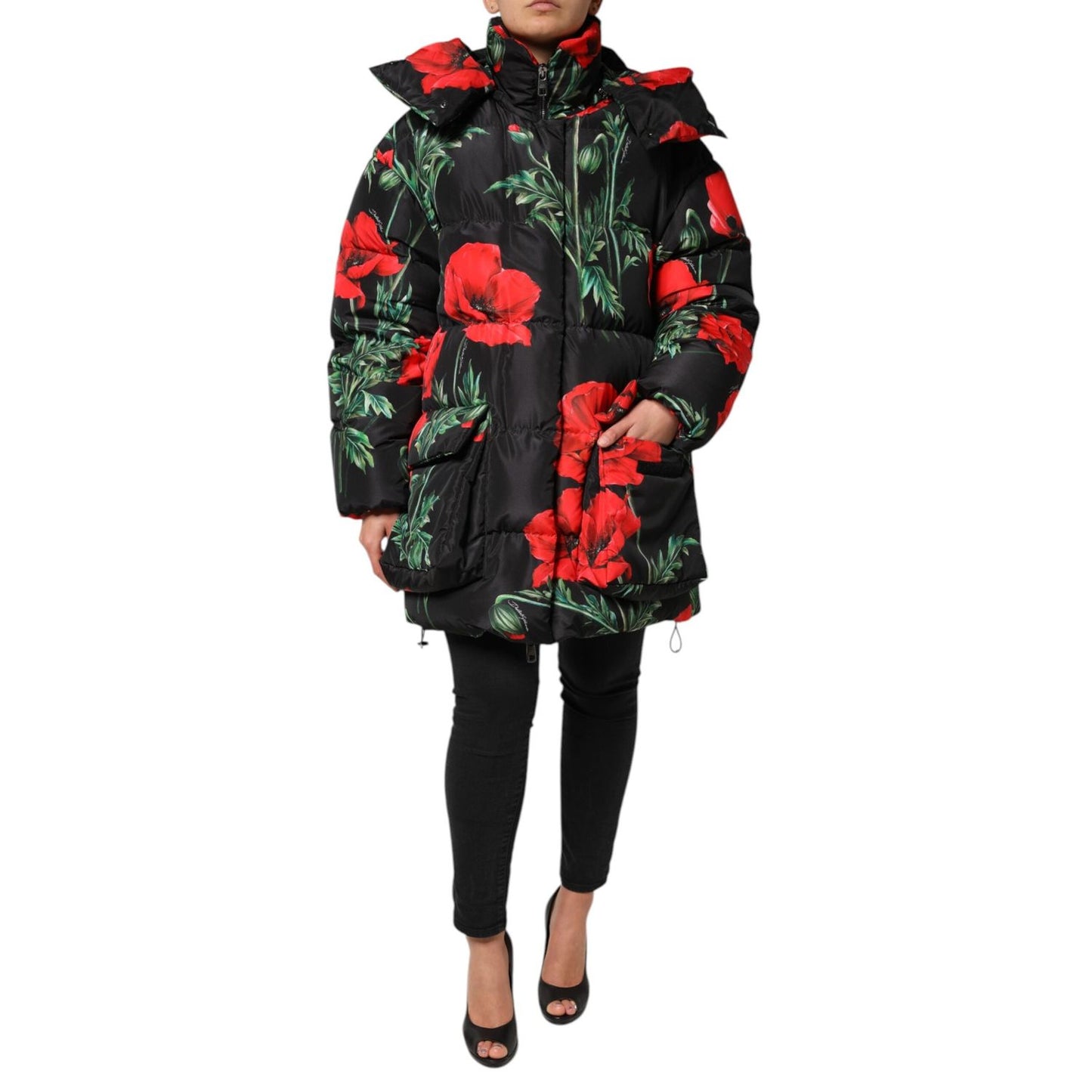 Dolce & Gabbana Black Floral Polyester Hooded Quilted Jacket JKT41497-40