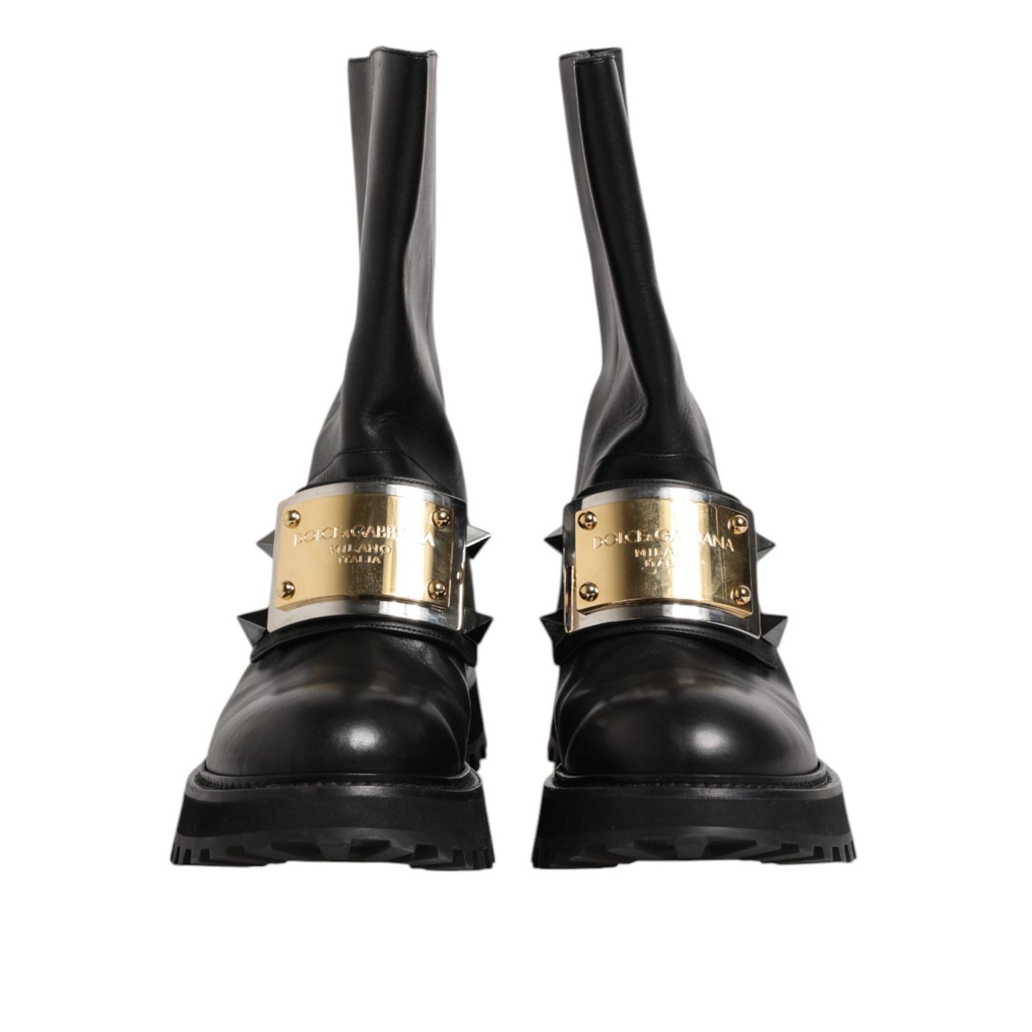 Dolce & Gabbana Black Leather DG Logo Plaque High Boots Shoes MV7579-44