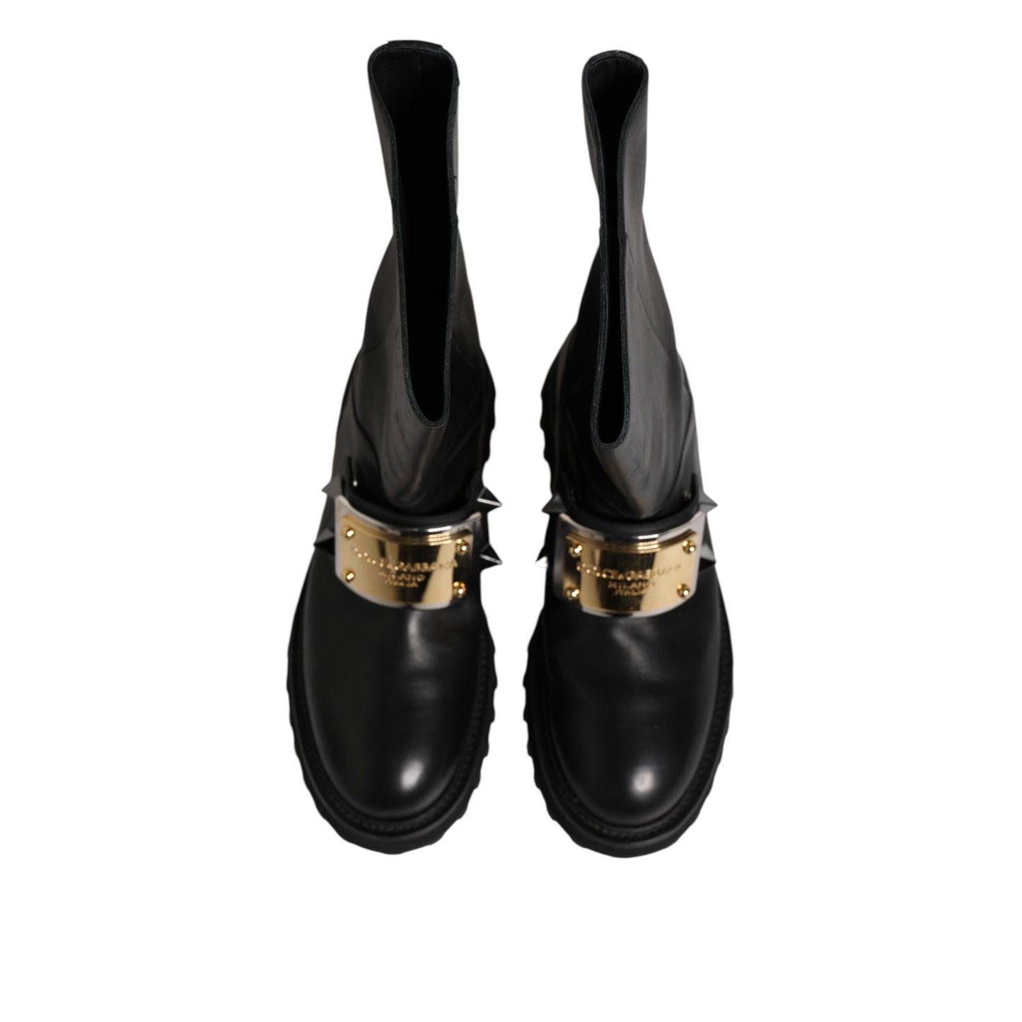 Dolce & Gabbana Black Leather DG Logo Plaque High Boots Shoes MV7579-44