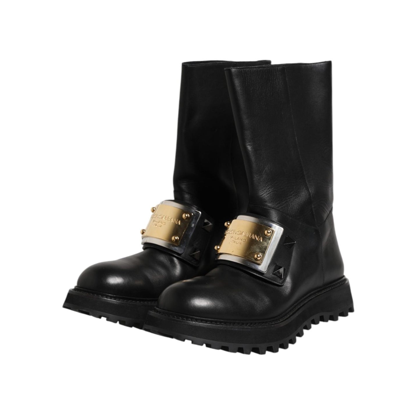Dolce & Gabbana Black Leather DG Logo Plaque High Boots Shoes MV7579-44