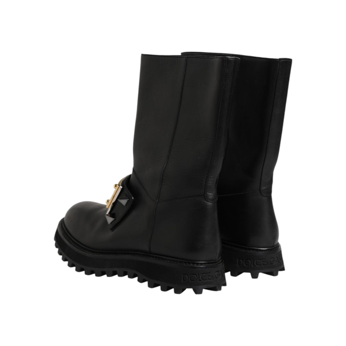 Dolce & Gabbana Black Leather DG Logo Plaque High Boots Shoes MV7579-44