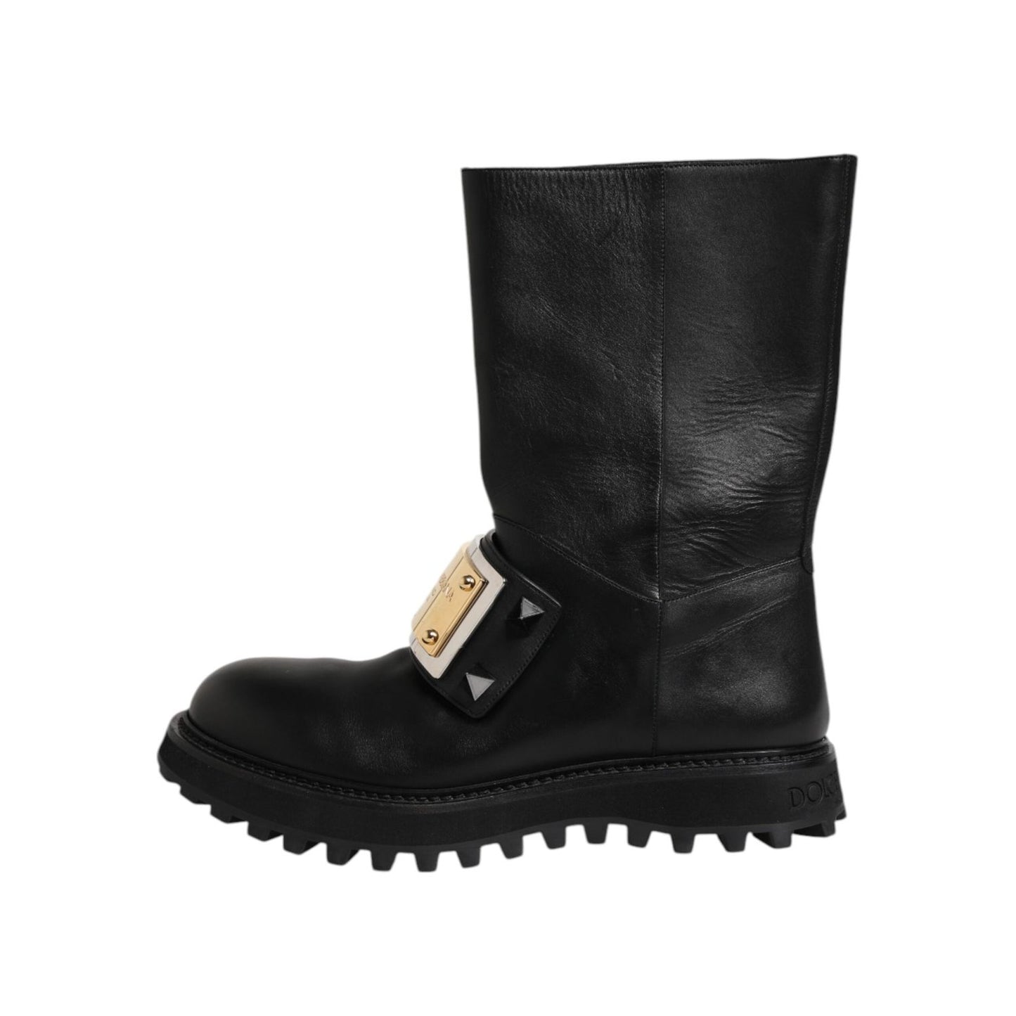 Dolce & Gabbana Black Leather DG Logo Plaque High Boots Shoes MV7579-44