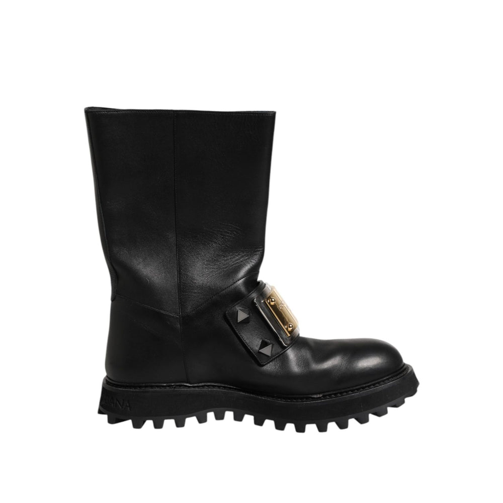 Dolce & Gabbana Black Leather DG Logo Plaque High Boots Shoes MV7579-44