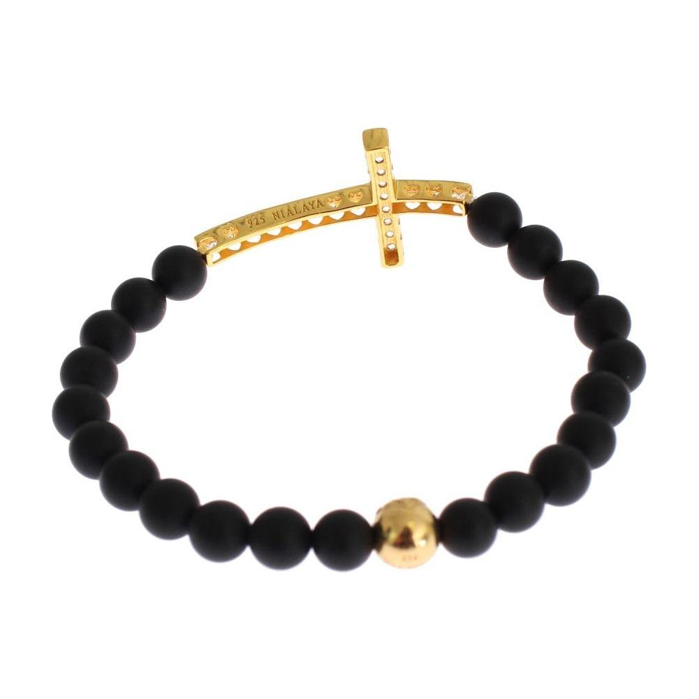 Nialaya Chic Matte Onyx Bead & CZ Diamond Cross Bracelet Bracelet Nialaya Dark Slate Gray