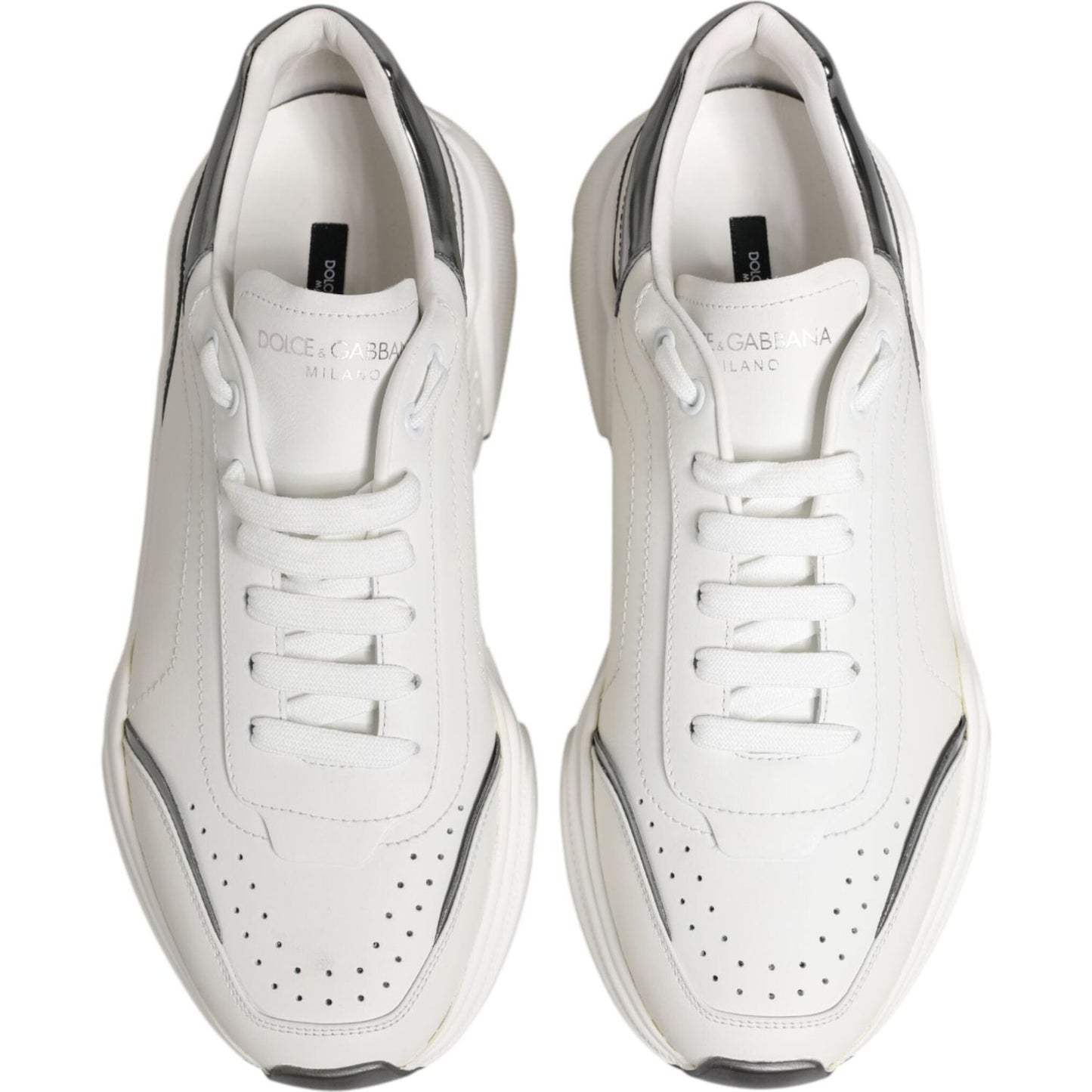 Dolce & Gabbana White Silver DAYMASTER Leather Sneakers Shoes