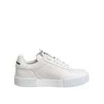 Dolce & Gabbana White Miami Leather Low Top Sneakers Shoes, crafted from white calfskin leather with a rubber sole and lace-up closure.