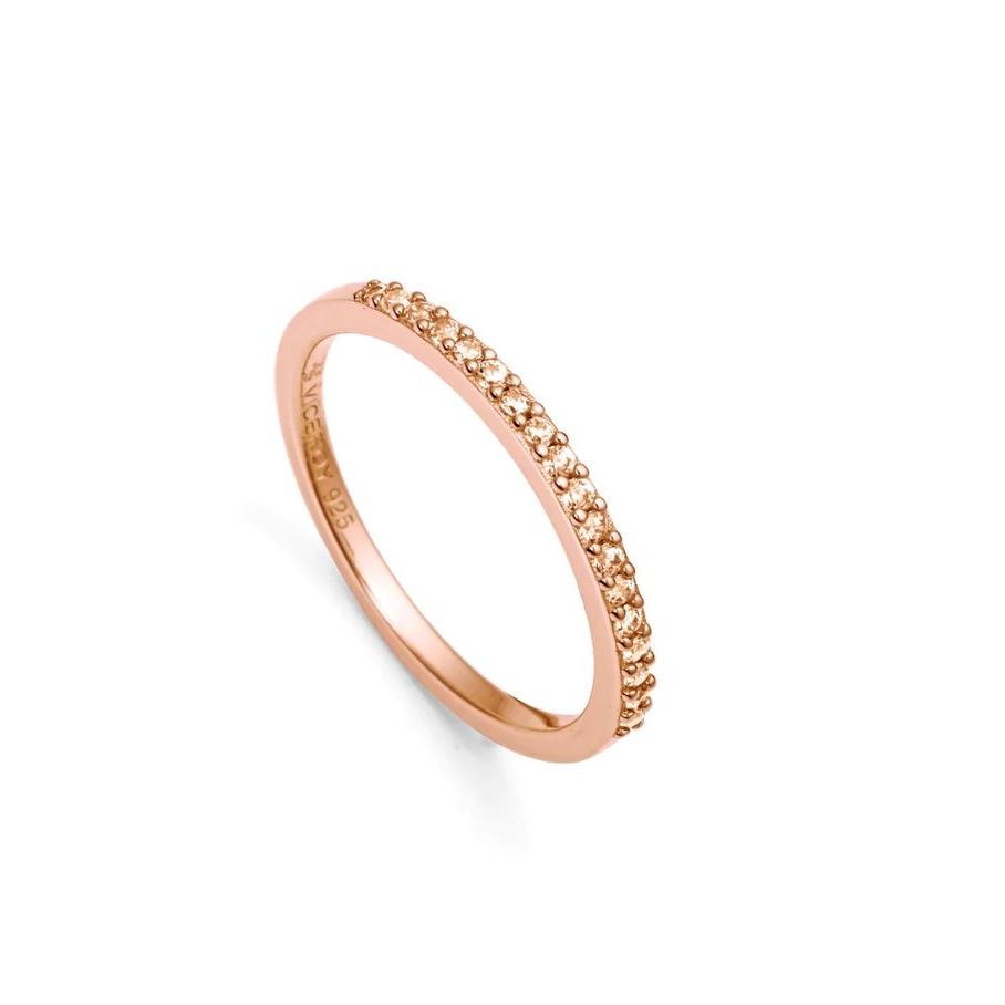 Elegant rose gold ring, side view with embedded stones, designed by VICEROY JEWELS Mod. 9118A012-36 for ladies, made of Silver 925°.