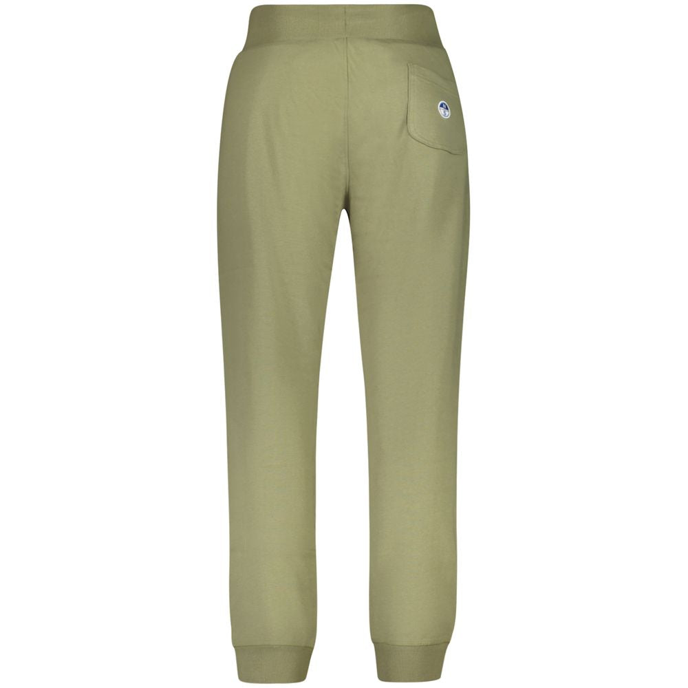 Back view of North Sails Green Cotton Pant with elastic waist, 3 pockets, and ankle cuffs made from organic cotton, featuring a logo.