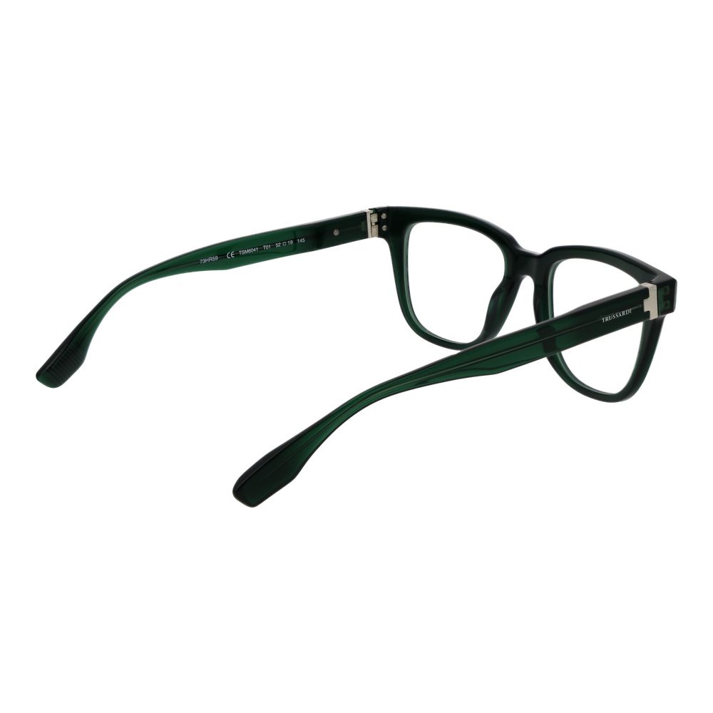 Trussardi Green Acetate Glasses (Frames) for men, full-rim rectangular style, green acetate frame, demo lenses, size 52-19-145.