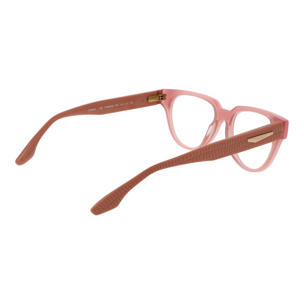 Trussardi Pink Acetate Glasses (Frames) featuring rose full-rim panto style for women, shown with branded case.