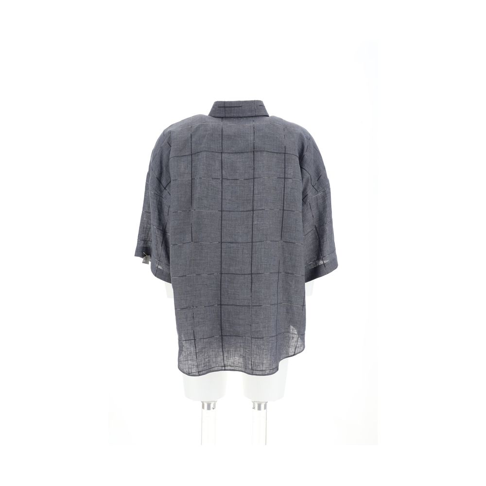 Back view of Brunello Cucinelli Linen Shirt featuring short sleeves, classic collar, and sequins. Ideal for casual elegance. Made in Italy.