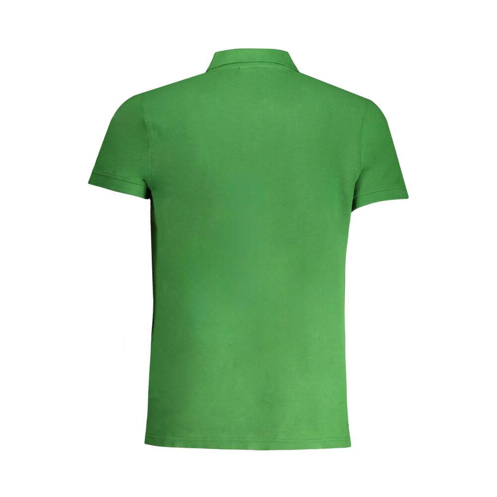 Alt Tag: Cavalli Class Green Cotton Polo Shirt with short sleeves, 3 buttons, contrast details, embroidery, and logo, back view