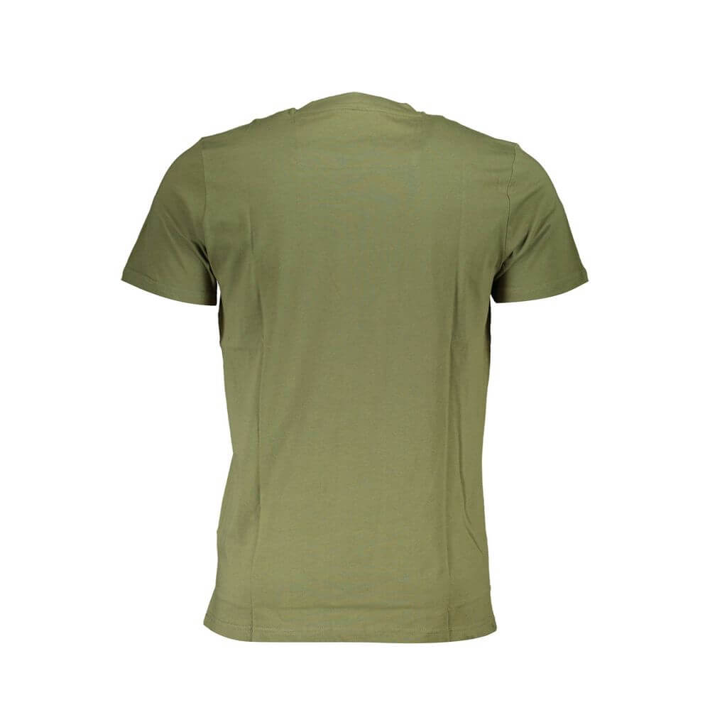 Cavalli Class Green Cotton T-Shirt featuring short sleeves, round neck, print, and logo. Back view of the t-shirt.