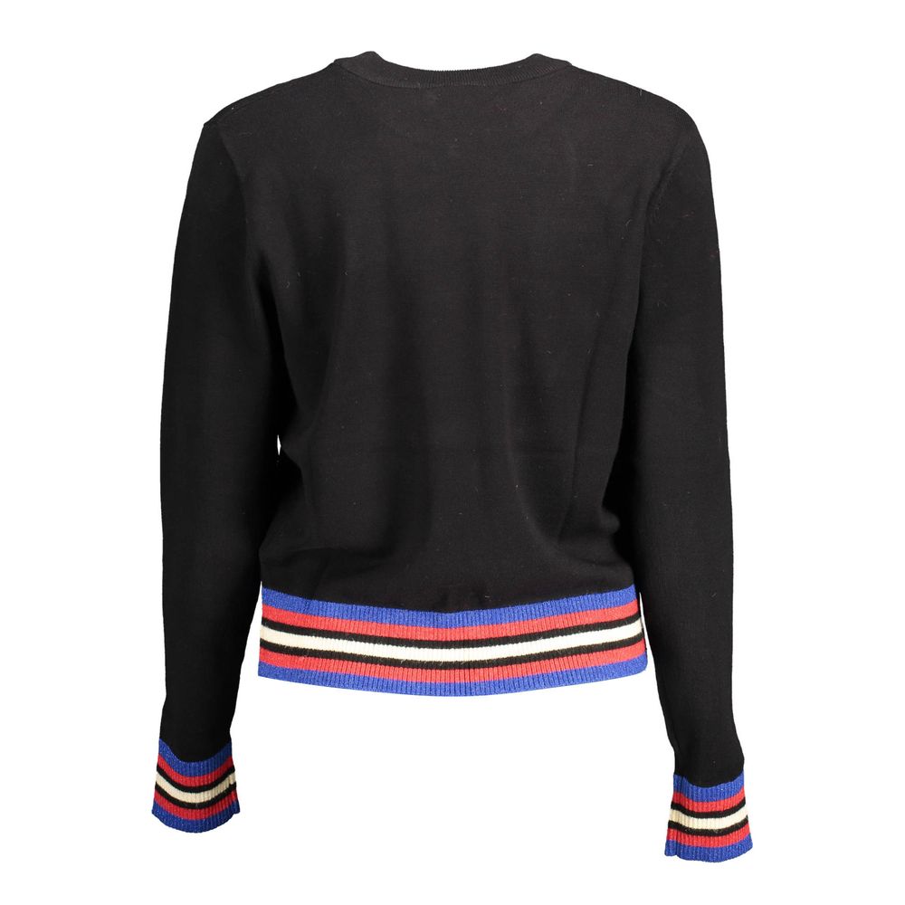 Desigual Black Polyester Sweater, long-sleeved round neck with contrasting details and logo, rear view.