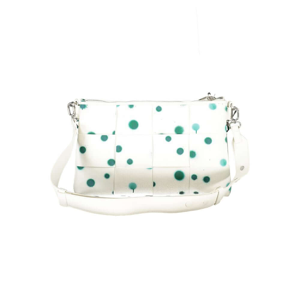 Desigual White Polyethylene Handbag with polka dots, single handle, removable chain and shoulder straps, and multiple compartments.