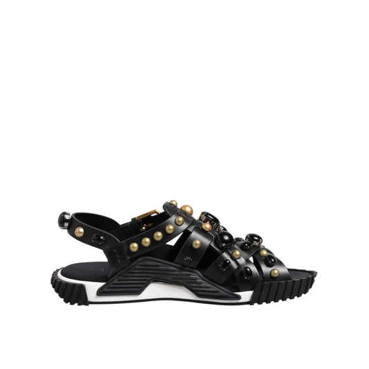 Dolce & Gabbana Black Leather Studded Ankle Strap Sandals Shoes