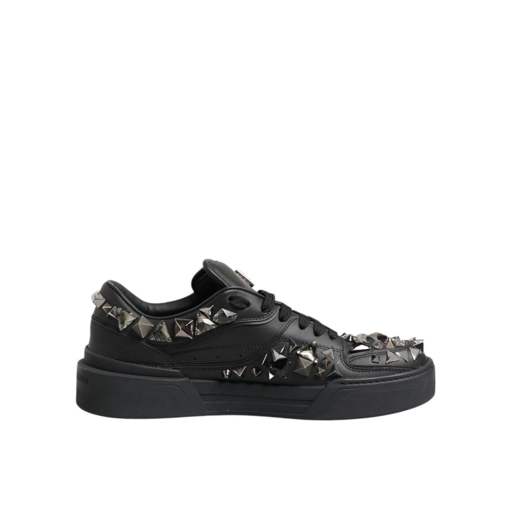 Dolce & Gabbana Black Portofino Studded Men Sneakers Shoes with studded detailing on black leather, featuring signature Portofino silhouette.