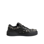 Dolce & Gabbana Black Portofino Studded Men Sneakers Shoes with studded detailing on black leather, featuring signature Portofino silhouette.