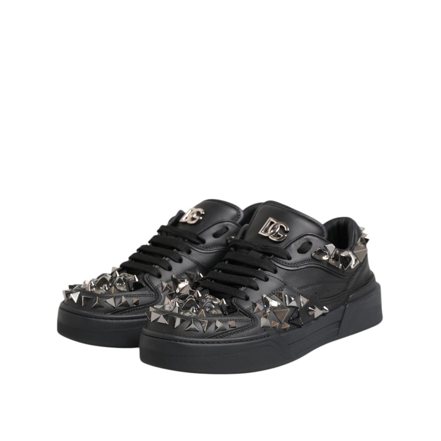 Dolce & Gabbana Black Portofino Studded Men Sneakers Shoes, smooth black leather, studded detailing, casual comfort with edgy sophistication.