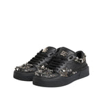 Dolce & Gabbana Black Portofino Studded Men Sneakers Shoes, smooth black leather, studded detailing, casual comfort with edgy sophistication.