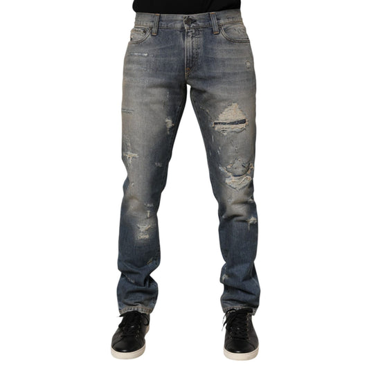 Dolce & Gabbana Blue Distressed Denim Slim Fit Pants Jeans