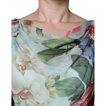 Close-up of Dolce & Gabbana Blue Floral Print Tiered Long Maxi Dress with colorful floral patterns