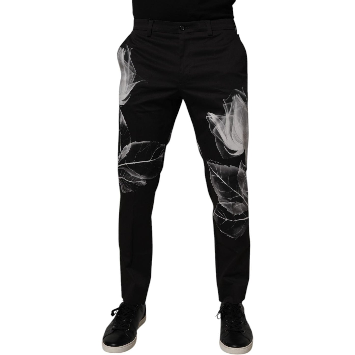 Dolce & Gabbana Black Cotton Floral Skinny Dress Pants