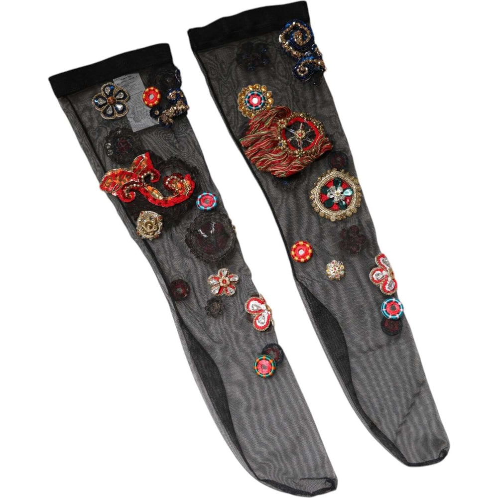 Dolce & Gabbana Dolce & Gabbana Black Stretch Carretto Crystal Stockings Socks SCS2166-M 16% Elastane,1728,67345645728,Black,Dolce & Gabbana,M,Material: 84% Nylon,New with tags,Other - Women - Accessories,Women