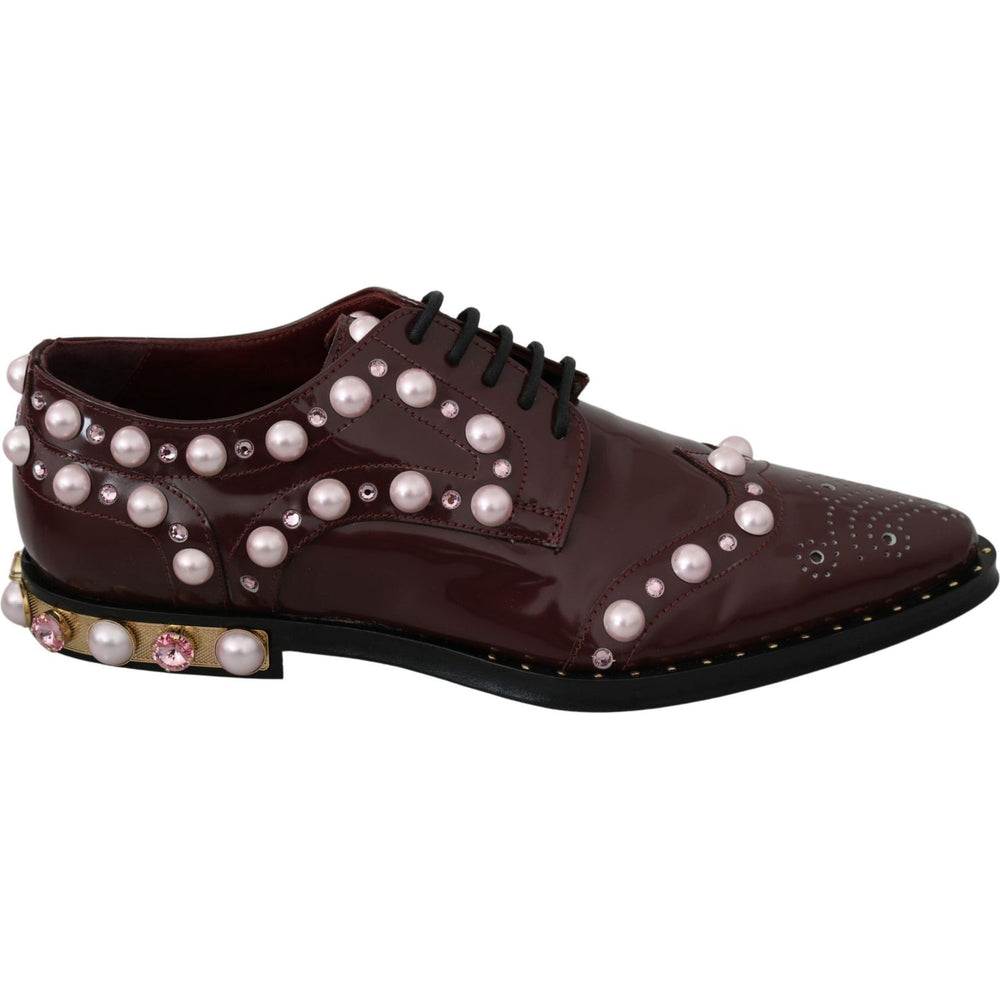 Dolce & Gabbana Dolce & Gabbana Elegant Bordeaux Lace-Up Flats with Pearls and Crystals LA6911-39 1728,67345645728,Bordeaux,Dolce & Gabbana,EU39/US8.5,Flat Shoes - Women - Shoes,Material: Leather,New with tags,Women