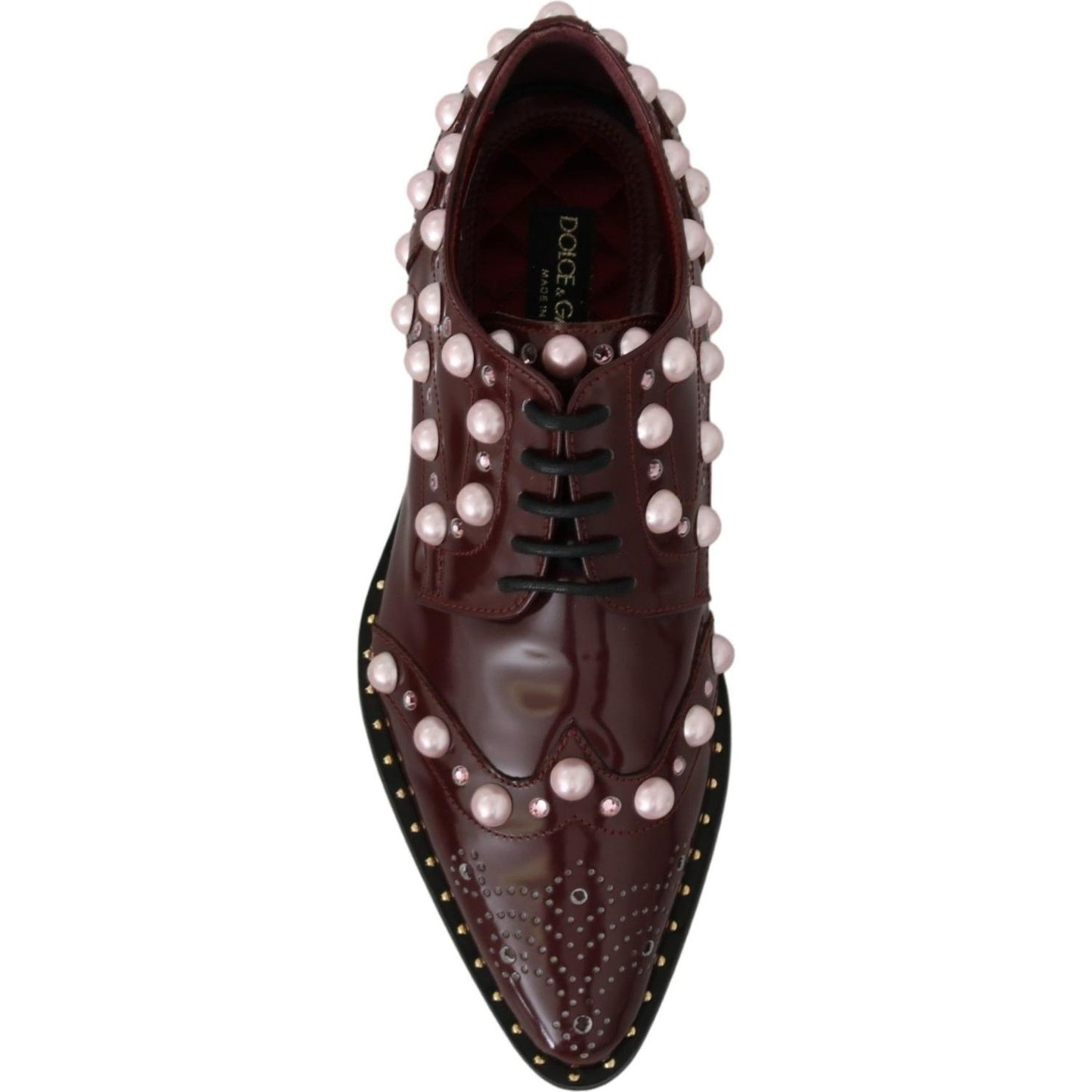 Dolce & Gabbana Dolce & Gabbana Elegant Bordeaux Lace-Up Flats with Pearls and Crystals LA6911-39 1728,67345645728,Bordeaux,Dolce & Gabbana,EU39/US8.5,Flat Shoes - Women - Shoes,Material: Leather,New with tags,Women