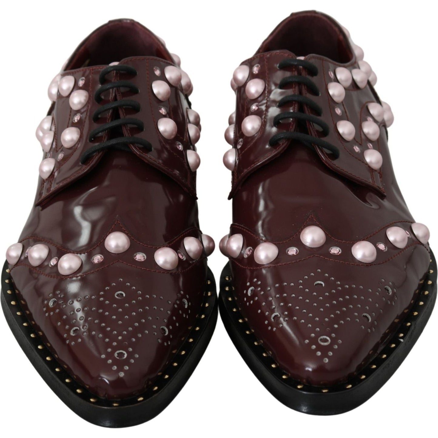 Dolce & Gabbana Dolce & Gabbana Elegant Bordeaux Lace-Up Flats with Pearls and Crystals LA6911-39 1728,67345645728,Bordeaux,Dolce & Gabbana,EU39/US8.5,Flat Shoes - Women - Shoes,Material: Leather,New with tags,Women