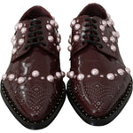 Dolce & Gabbana Dolce & Gabbana Elegant Bordeaux Lace-Up Flats with Pearls and Crystals LA6911-39 1728,67345645728,Bordeaux,Dolce & Gabbana,EU39/US8.5,Flat Shoes - Women - Shoes,Material: Leather,New with tags,Women
