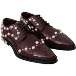 Dolce & Gabbana Dolce & Gabbana Elegant Bordeaux Lace-Up Flats with Pearls and Crystals LA6911-39 1728,67345645728,Bordeaux,Dolce & Gabbana,EU39/US8.5,Flat Shoes - Women - Shoes,Material: Leather,New with tags,Women