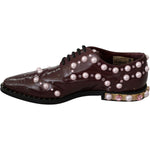 Dolce & Gabbana Dolce & Gabbana Elegant Bordeaux Lace-Up Flats with Pearls and Crystals LA6911-39 1728,67345645728,Bordeaux,Dolce & Gabbana,EU39/US8.5,Flat Shoes - Women - Shoes,Material: Leather,New with tags,Women
