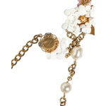 Dolce & Gabbana Gold Chain Brass Floral Layered Crystal Pearl Necklace Necklace Dolce & Gabbana Light Gray