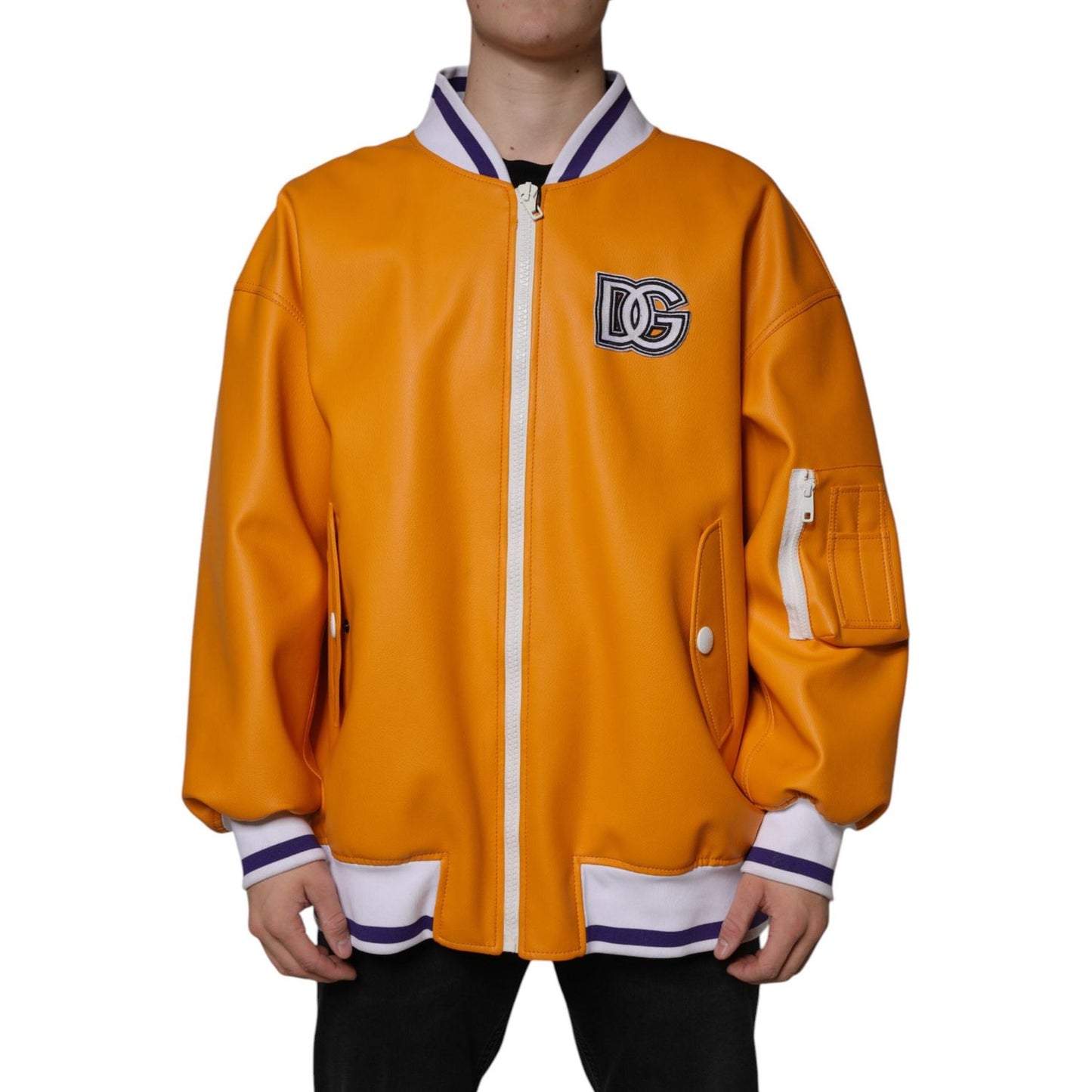 Dolce & Gabbana Dolce & Gabbana Orange White Full Zip Jersey Bomber Jacket JKT41305-52 1728,67345645728,Dolce & Gabbana,IT52 | XL,Jackets - Men - Clothing,Material: 79% PVC 21% Cotton,Men,New with tags,Orange
