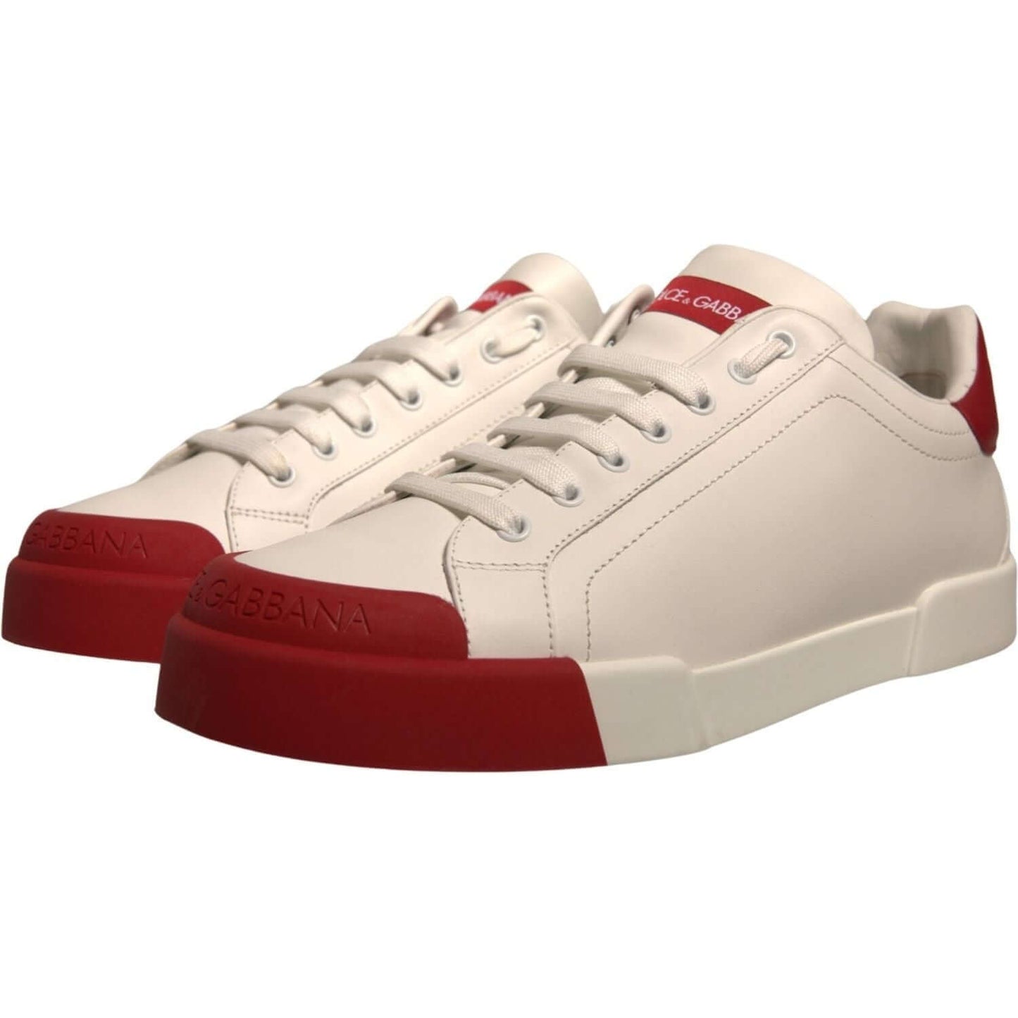 Dolce & Gabbana-Dolce & Gabbana White Leather Logo Portofino Sneakers Shoes-1728,67345645728,Dolce & Gabbana,EU 42 | US 9,Material: 100% Calf Leather,Men,Men - Shoes,New with tags,Shoes,Sneakers - Men - Shoes,White and Red-MV6886-42