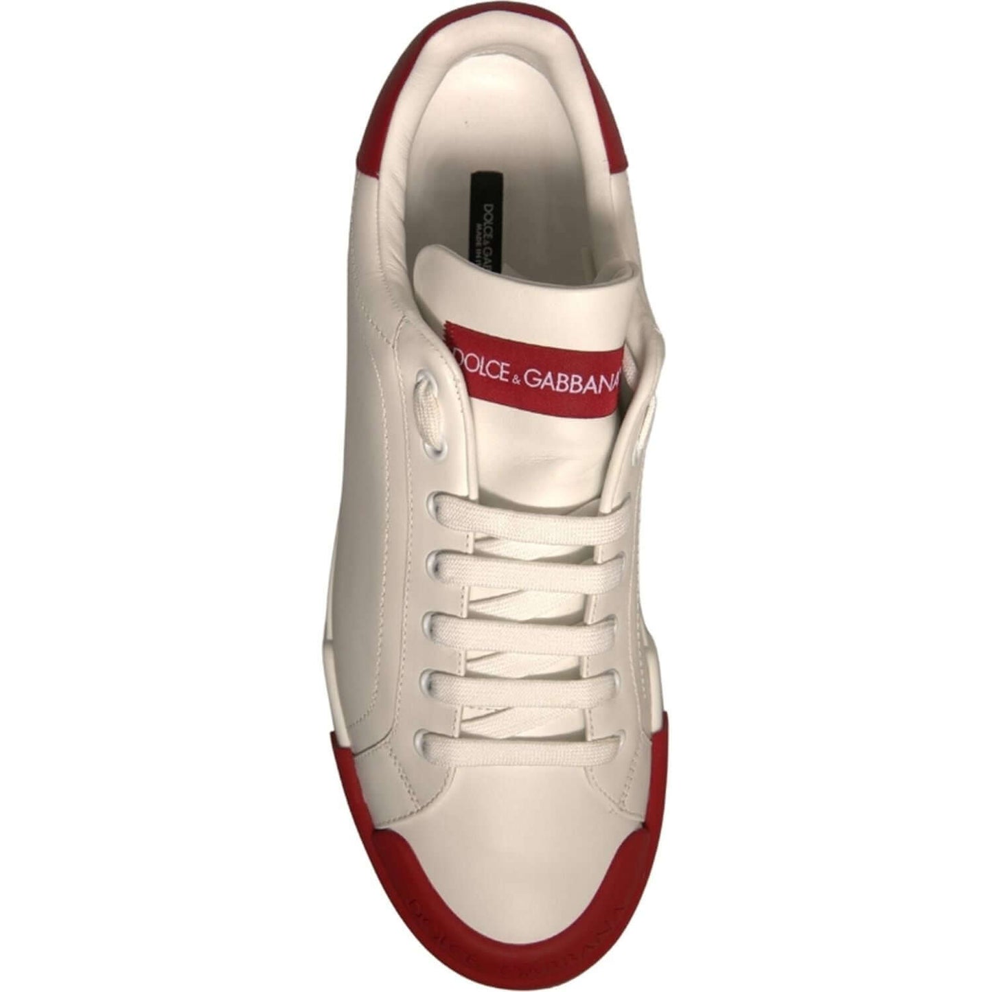 Dolce & Gabbana-Dolce & Gabbana White Leather Logo Portofino Sneakers Shoes-1728,67345645728,Dolce & Gabbana,EU 42 | US 9,Material: 100% Calf Leather,Men,Men - Shoes,New with tags,Shoes,Sneakers - Men - Shoes,White and Red-MV6886-42