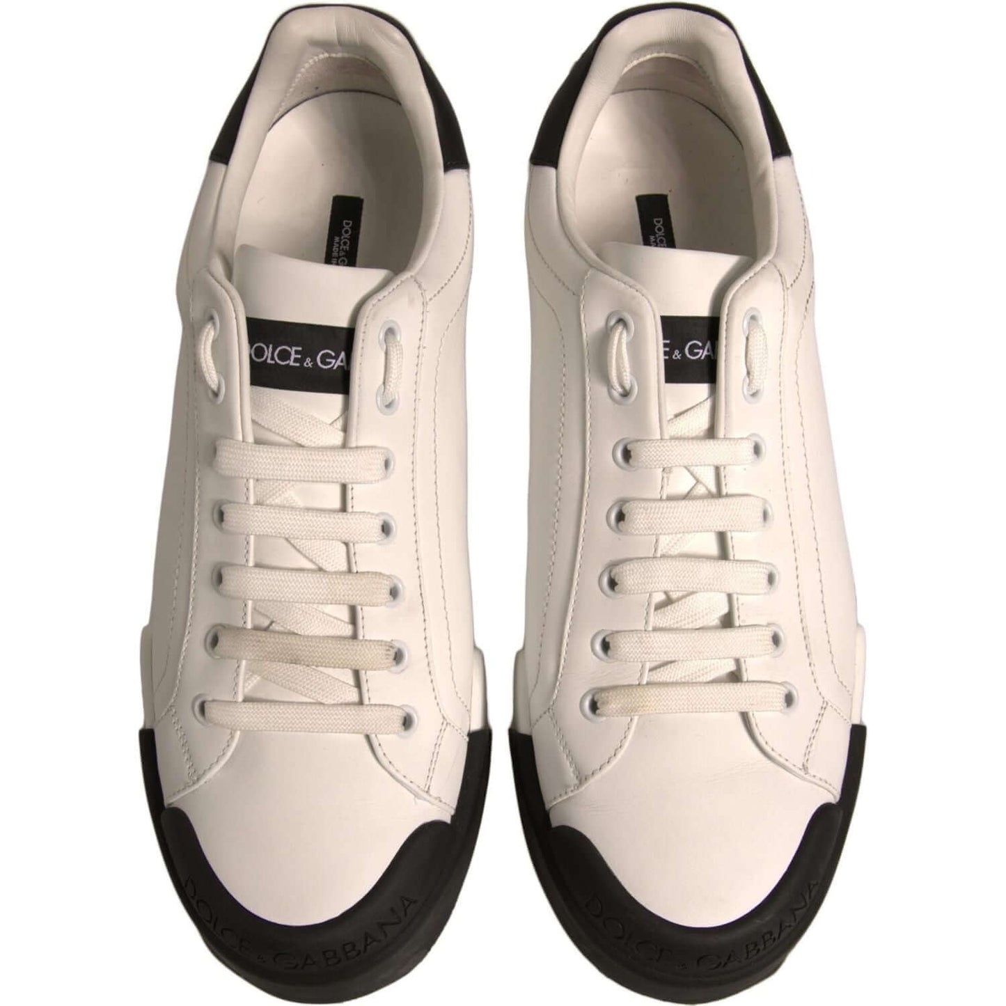 Dolce & Gabbana-Dolce & Gabbana White Leather Logo Portofino Sneakers Shoes-1728,67345645728,Black/White,Dolce & Gabbana,EU41.5/US8.5,Material: 100% Calf Leather,Men,Men - Shoes,Preowned / Defect,Shoes,Sneakers - Men - Shoes-MV6912#2- 41.5