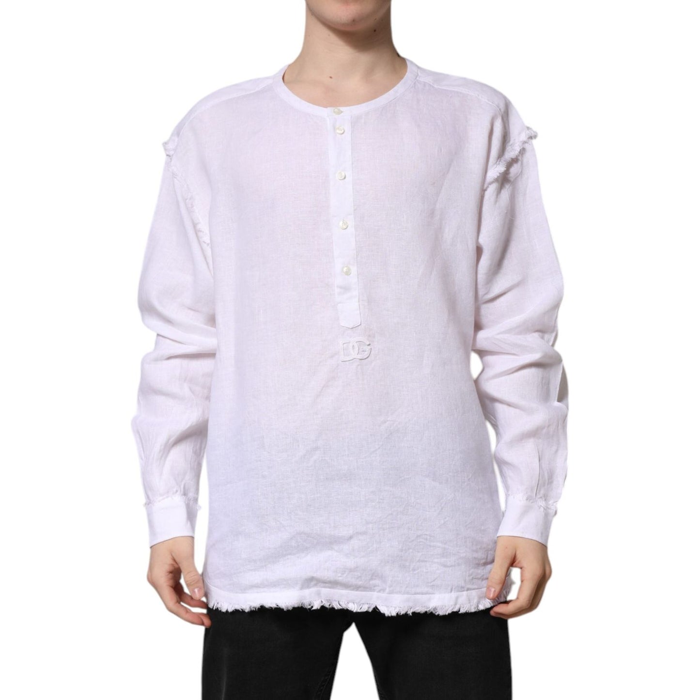 Dolce & Gabbana Dolce & Gabbana White Linen Long Sleeves Casual Men Shirt TSH906901-43 1728,67345645728,Clothing,Dolce & Gabbana,IT43 | 2XL,Material: 100% Linen,Men,Men - Clothing,Preowned / Defect,Shirts - Men - Clothing,White