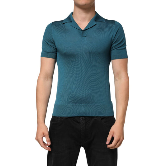 Dolce & Gabbana Teal Blue Silk Collar Short Sleeve Polo T-shirt