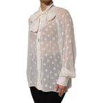 Dolce & Gabbana White Polka Sheer Silk Bow Tie Shirt Blouse Top showcasing elegant design with polka dot pattern and bow tie detail