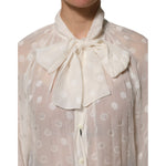 Dolce & Gabbana White Polka Sheer Silk Bow Tie Shirt Blouse Top with polka dot pattern and elegant bow.